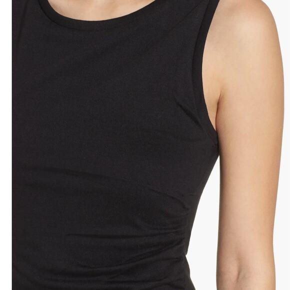 Leith Solid Black Knit Ruched Cinch Side Sleeveless Bodycon Mini Tank Dress - Picture 3 of 12